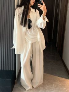White Cotton Linen Shirt Three-Piece Set Womens Loose Casual Linen Pants Lazy Relaxing Sensation Retro Wealth Style Kit