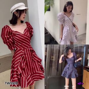 MM9904 เดรสคอเหลี่ยมแขนตุ๊กตาลายริ้ว ผ้าพิมลายริ้ว