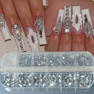 12Grids 3D Champagne Gold Diamond Nail Charms Mixed-Shapes Glass Gemstones Nails Art Decorations DIY Luxury Manicure Accessories