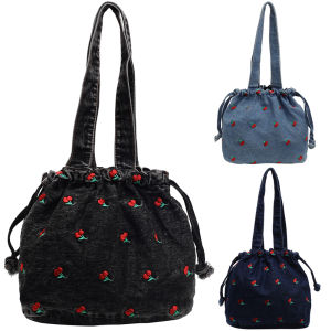 Women Denim Underarm Bag Embroidered Cherry Handbag Drawstring Jean Hobo Bag Commuting Shopping Bag