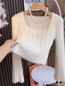 WANGGONGZHU | Princess Style Knitted Short Fit Womens Base Shirt Soft Faux Mink Autumn Winter Inner Wear Commute Fashion Small Size Friendly