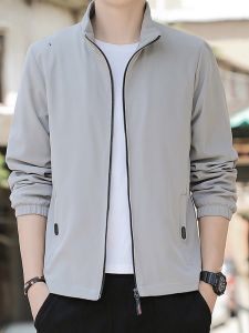 ROMON | Lormen Mens Short Lightweight Summer Jacket Stand Collar Windproof Fashion Urban Style Polyester Fiber Zipper Closure Pure Color