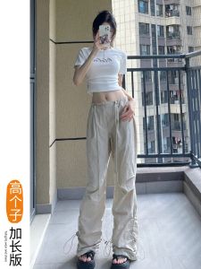 American Style High Waist Wide Leg Pants Womens Summer Long Casual Sports Loose Fit Trousers Street Style Workwear