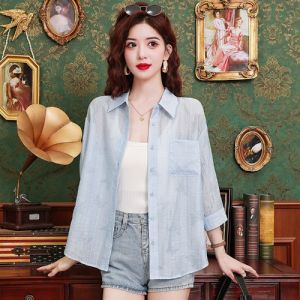 Pink Sunscreen Shirt Womens Clothing Long Sleeves Summer New Arrival Tencel Thin Loose Shirt Elegant Cardigan Jacket
