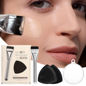 3-in-1 Powder Puff Set Box Black Pineapple Air Cushion Powder Puff Set Traceless Foundation Brush Flat Brush High-end Gift Box