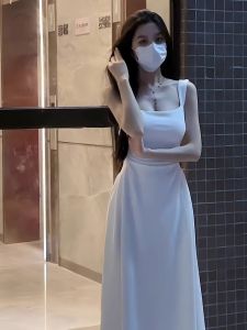 White Strapless French Tea Break Waist-Cinching A-Line Long Dress Summer Commute Style U-Neckline Sleeveless Womens Dress