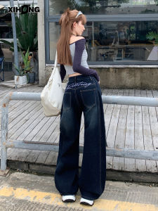 American Retro Knife Edge Denim Jeans Women High Waist Loose Wide Leg Pants Slimming Fall Season New Style Casual Cotton