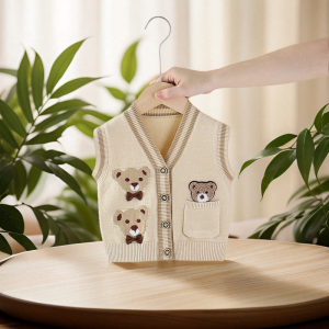 New 2023 Childrens Knitted Cardigan Vest Cartoon Bear Design Boys Girls Baby Soft Polyester Fiber Casual Style Infant Sweater