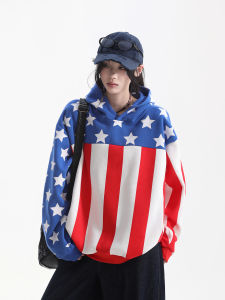 zuocisankon | American Vintage Stars Flag Color-blocking Loose Design Hoodie