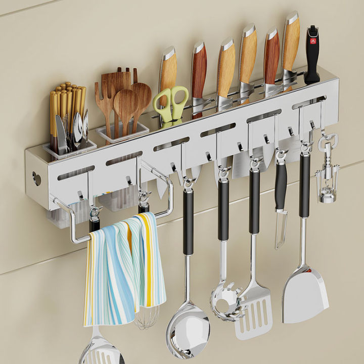 Stainless steel knife holder multi-function storage rack no-punching ...