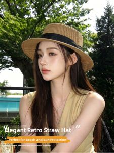 Cgediao | Old Money French Style Flat Top Straw Hat for Women Summer Beach Holiday Sunscreen