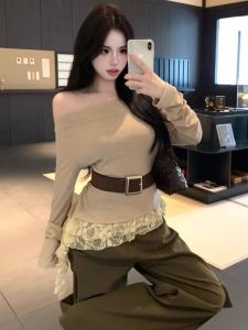 GUZILIAN | Spicy Girl Style Lace Trim Shoulder Bared Long Sleeve T-Shirt Early Autumn New Design Pure Desire Youthful Unique Patchwork Top