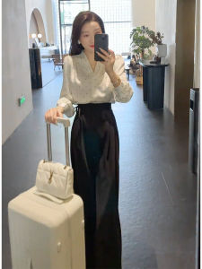 Salt System Autumn Winter Fashion Set Shirt Commute Pants Long Sleeve V Neck Polyester Fiber Lightweight Maturity Korean Style