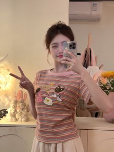 Dopamine Rainbow Stripes Embroidered Waist-Cinching Short Sleeve round Neck Sweet Girl Short Length Slim Fit Top Women T-shirt