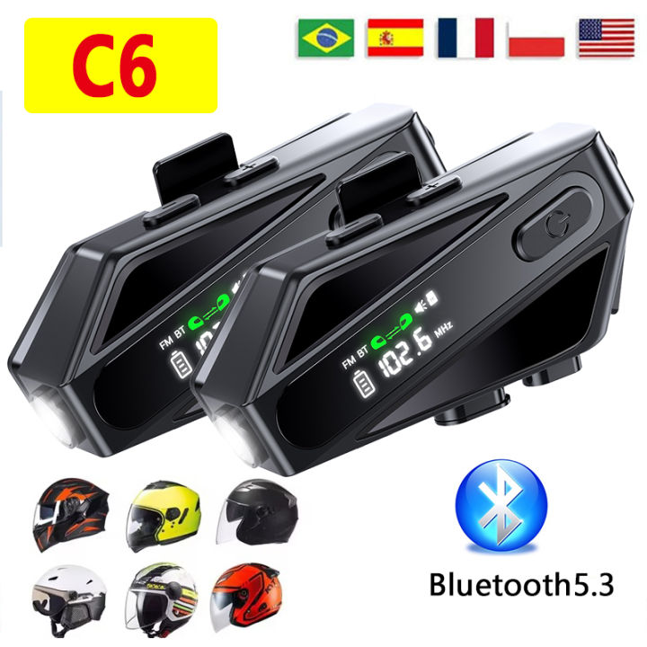 1/2PC C6 Motorcycle Helmet Bluetooth Intercom Headset AI Distance Led ...
