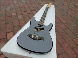 กีต้าร์ไฟฟ้าสีดำอะคูสติก6สาย BJ34บอดี้กึ่งกลวงเครื่องดีดไม้ชิงชันสีดำ