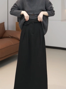 High Waist Black Pleated Design Womens Skirt Spring Autumn New Style Loose A-Line Skirt Versatile Commute Korean Style