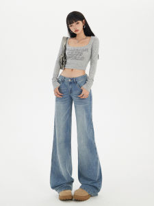 กางเกงยีนส์ทรงตรงเอวต่ำสีฟ้าอ่อนสำหรับผู้หญิง ฤดูใบไม้ร่วง/ฤดูหนาว 2025 กางเกงขายาวทรงหลวม ทรงกระบอก ทรงเข้ารูป ทรงขากระบอกเล็ก