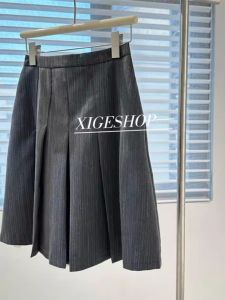 plus Size Grey Stripe Suit Skirt High Waist A-Line Casual Style Womens Fashionable All-Match Spring Autumn Polyester Fiber