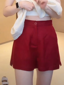 MEITESIJIAONU | Wine Red Linen Casual Shorts High Waist Slim
