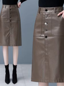 High Waist A-Line Midi Leather Skirt Womens plus Size Bodycon Skirt Spring Autumn New Style Commute Pure Color Other 100%