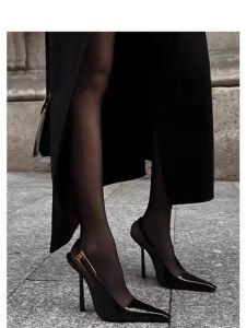 N Faux Leather Pointed Toe High Heels Hollow out Design Thin Strap Backless Single Shoes Fashionable And Comfortable Women Sandals