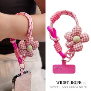 Short Portable Woven Bracelet Phone Strap Womens Detachable Fashionable Plaid Flower Jewelry Durable Nylon Line Mobile Phone Case Locator New