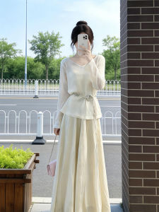 XIAMENGSHI | Bộ Đồ Elegent Dài Tay Áo Blouse Váy Midi Độc Đáo