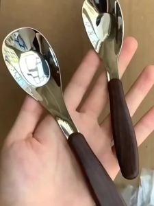 ⚑Imitation Wood Handle Stainless Steel Spoon 2 Sizes Glossy Metal Dinner Spoon for Soup Rice Dessert