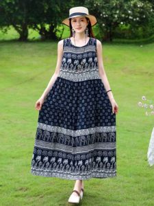 Cotton Silk Floral Print Midi Dress Casual Summer Beachwear Sleeveless Travel Dress for Middle-Aged And Elderly Women