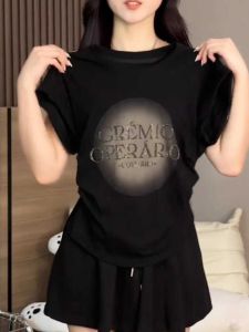 Áo Thun Nữ Tay Ngắn Xếp Ly Màu Đen Cỡ Lớn Mùa Hè 2024 Phong Cách Hàn Quốc Dáng Ôm Vừa Vặn in Chữ Thường Ngày