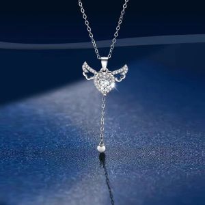Children's Angel Heart Princess Girls Necklace Birthday Gift Sweet Style Alloy Embedded Artificial Gem Cross Chain Jewelry