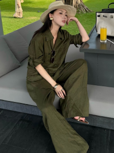 DANTING | Vintage Elegance Spring Fashion Green Shirt and Trousers Set