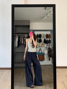 กางเกงทำงานผู้หญิงทรงหลวมเอวสูง ทรงหลวม ทรงยาวคลุมเข่า ทรงหลวม กางเกงขายาวผู้หญิงฤดูร้อนบางสบาย ๆ ระบายอากาศได้ดี