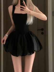 สไตล์ฝรั่งเศส สลิง เดรส ผู้หญิง ฤดูร้อน สูง เอว พรางหุ่น กระโปรงสั้น พัฟดอกไม้ ตัวเสื้อท่อนบน Ruched Patchwork Princess Sweet Tea Break กระโปรง