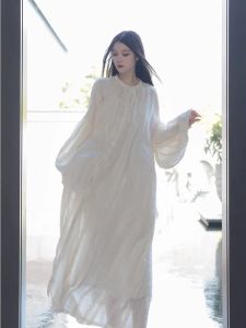 Healing Zen Style Chinese Traditional Long Sleeve Dress Womens New Fashion Spring Summer A-Line Skirt Hanfu Tea Ceremony Clothing