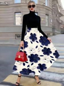 Printed Design suitable for all four seasons Blue White Floral Pattern Print vacation style elegant style Womens Skirt