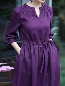 Pink Deep Purple Travel Artistic Cotton Linen Dress Small Fresh Style Spring Summer New Arrival Womens Fashion Long Skirt
