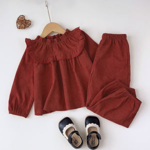 Bear Leader Kids Clothes Girls Pajama Sets Autumn Red Classical Ear Edge Top and Solid Color Pant 2 Pieces Christmas Clothing Suits Baby Girl New Year Home Wear Outfits 3-7 Years