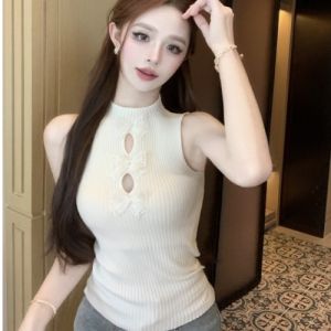 GUZILIAN | Retro Butterfly Knot Knitted Hollow Out Vest Womens Half High Collar Sleeveless Slim Fit Pure Desire Summer Top Inner Wear
