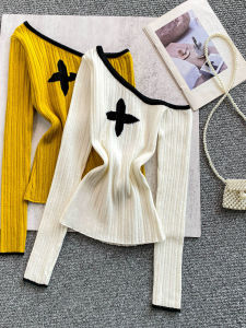 Áo Thun Dệt Kim Hở Vai Dài Tay Ôm Vừa Vặn Gợi Cảm Cho Nữ Mùa Thu Cổ Chéo Màu Sắc Áo Thun Cotton Thường Ngày