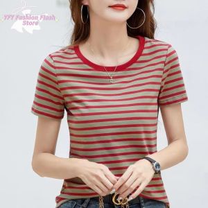 Womens Striped T-Shirt Comfortable Simple Daily Loose Casual Round Neck Top for Women