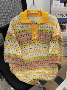 Loose Short Sleeve Polo Shirt Knitted Neckline Womens Style Summer Trendy Striped Gradient Hollow out Design T-Shirt