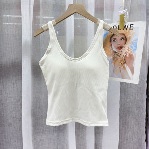 Áo Ba Lỗ Cotton Mùa Xuân Hè Mới Có Đệm Ngực Bằng Lông Cừu Cố Định Màu Trơn Hở Lưng Cho Nữ Áo Ba Lỗ Mặc Ngoài Trời