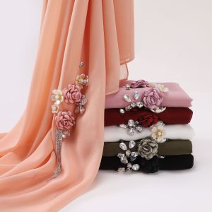 Jifang Luxury Shimmer Rhinestones Flower Tassels Plain Bubble Chiffon Shawl Pashmina Head Wraps Scarf Party Wedding Muslim Hijabs Shawls QT13