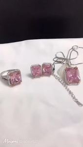 Top Quality Silver Jewelry Sets Pink Quartz Cubic Zircon Ring Earrings Necklace Wedding Exquisite Jewelry Wholesale