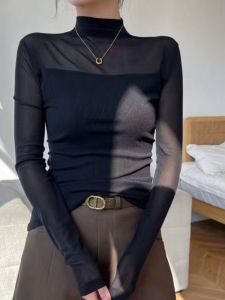 Áo Sơ Mi Lưới Cổ Cao Phong Cách Hồng Kông Cổ Điển Cho Nữ Mùa Thu Đông Mới Dáng Ôm Dài Tay Áo Lót Chất Liệu Khác 100%