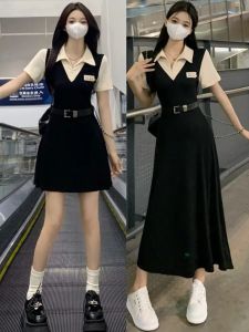 American Lapel Short-Sleeved Shirt Patchwork Fake Two-Piece Long Skirt Summer plus-Size Preppy Style Waist-Tight Belt Dress
