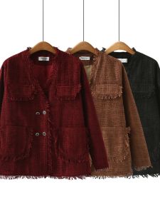 ขนาดบวกหลวมพอดีเสื้อทวีดสําหรับผู้หญิงฤดูใบไม้ผลิฤดูใบไม้ร่วงคอวีกระชับสัดส่วนนัวเนียผ้าฝ้ายแขนยาวเส้นใยโพลีเอสเตอร์