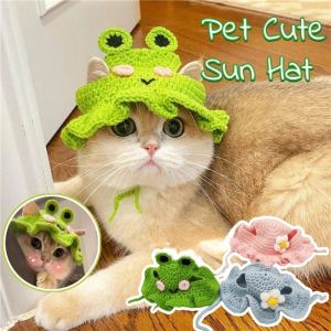 Pet Cat Cute Sun Hat Handmade Knitted Hat Fun Pet Headdress Frog Flower Cute Pet Dress Up Christmas